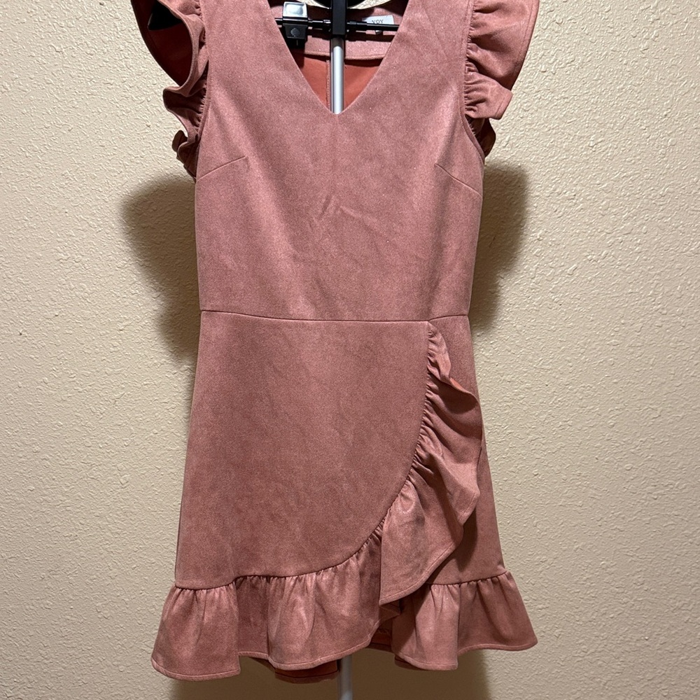 Ruffled Dusty Mauve faux wrap ruffle mini dress flutter sleeves and sparkles - Picture 3 of 5